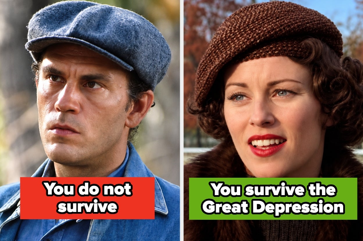 Two people wearing 1930s-style hats; left text: "You do not survive," right text: "You survive the Great Depression."