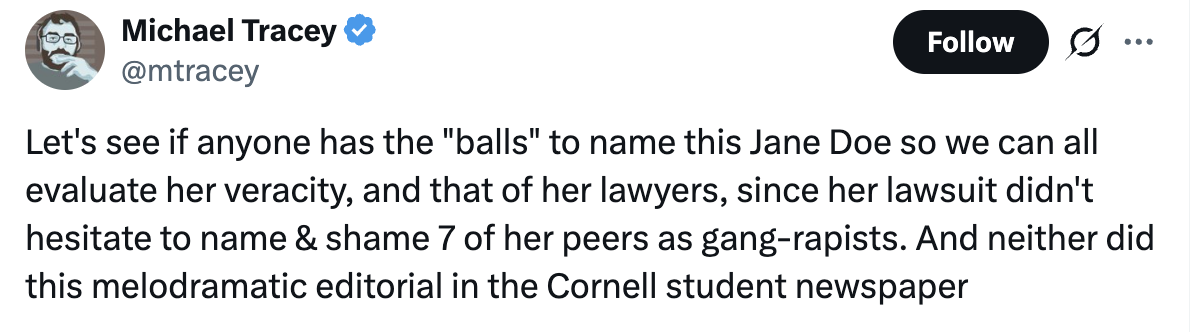 En tweet som diskuterer en Jane Doe involvert i et søksmål og kritikk av en Cornell-redaksjon