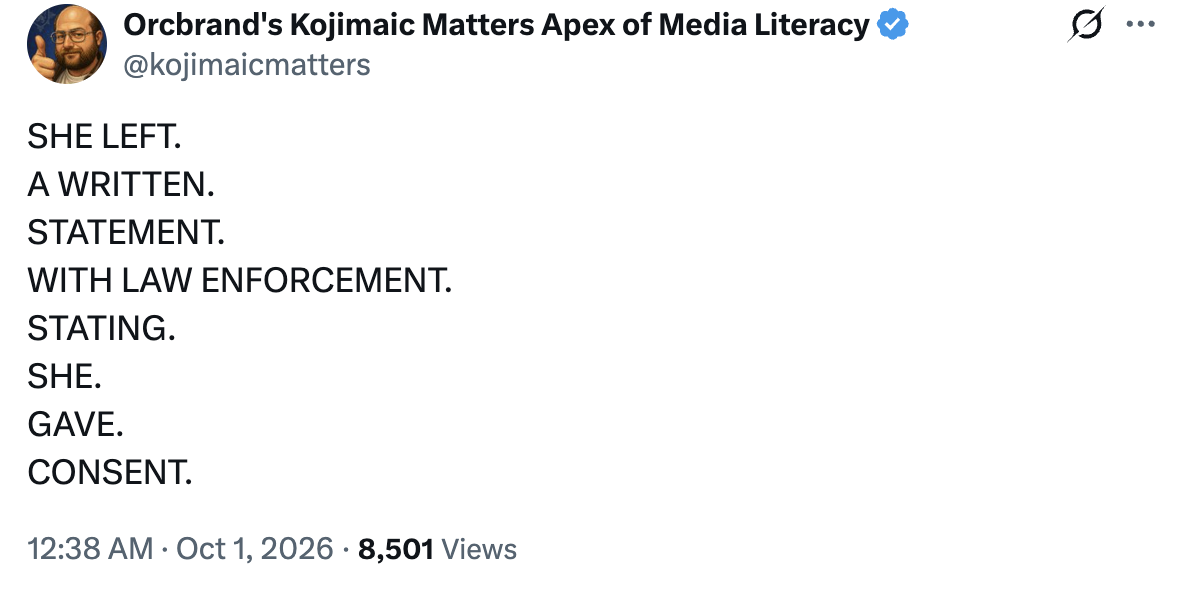 En tweet fra @kojimacmatters som sier at noen har lagt igjen en skriftlig uttalelse med politiet som gir samtykke