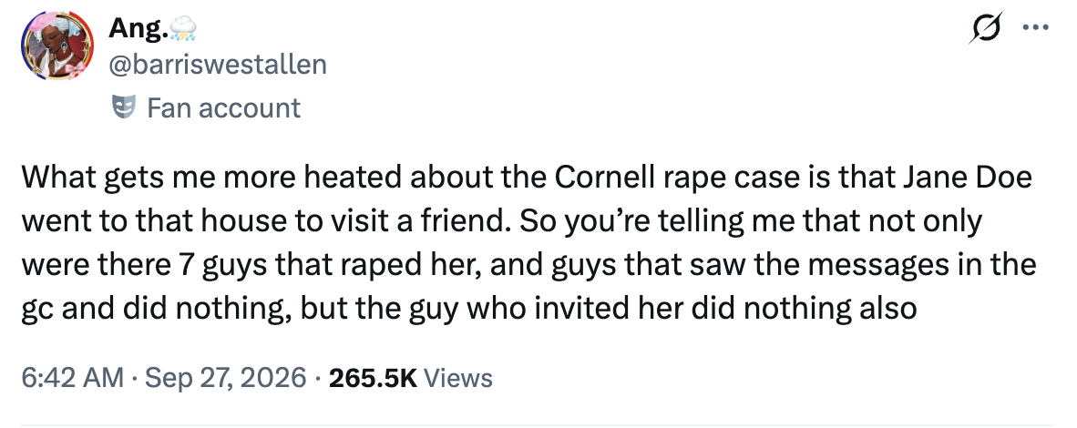 Tweet som uttrykker sinne over manglende handling i Cornell-voldtektssaken som involverer Jane Doe