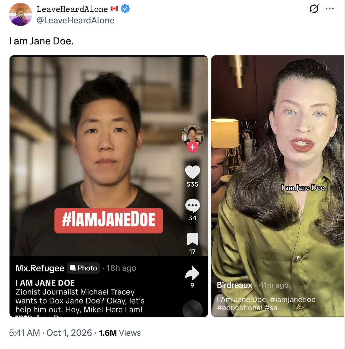 To innlegg på sosiale medier med enkeltpersoner som deltar i #IAmJaneDoe-bevegelsen, med vekt på hashtaggen