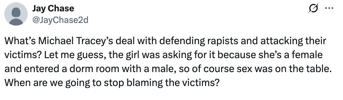 Tweet som stiller spørsmål ved Michael Traceys holdning til å skylde på ofre i tilfeller av seksuelle overgrep, og uttrykker frustrasjon over å skylde på ofre