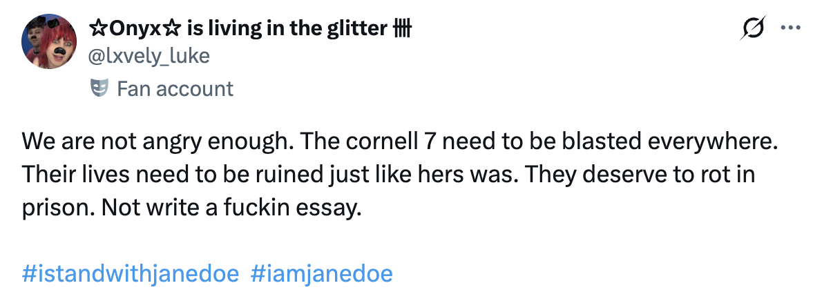 Tweet som uttrykker sinne på «Cornell 7," ber om deres straff. Inkluderer hashtags #istandwithjanedoe og #iamjanedoe