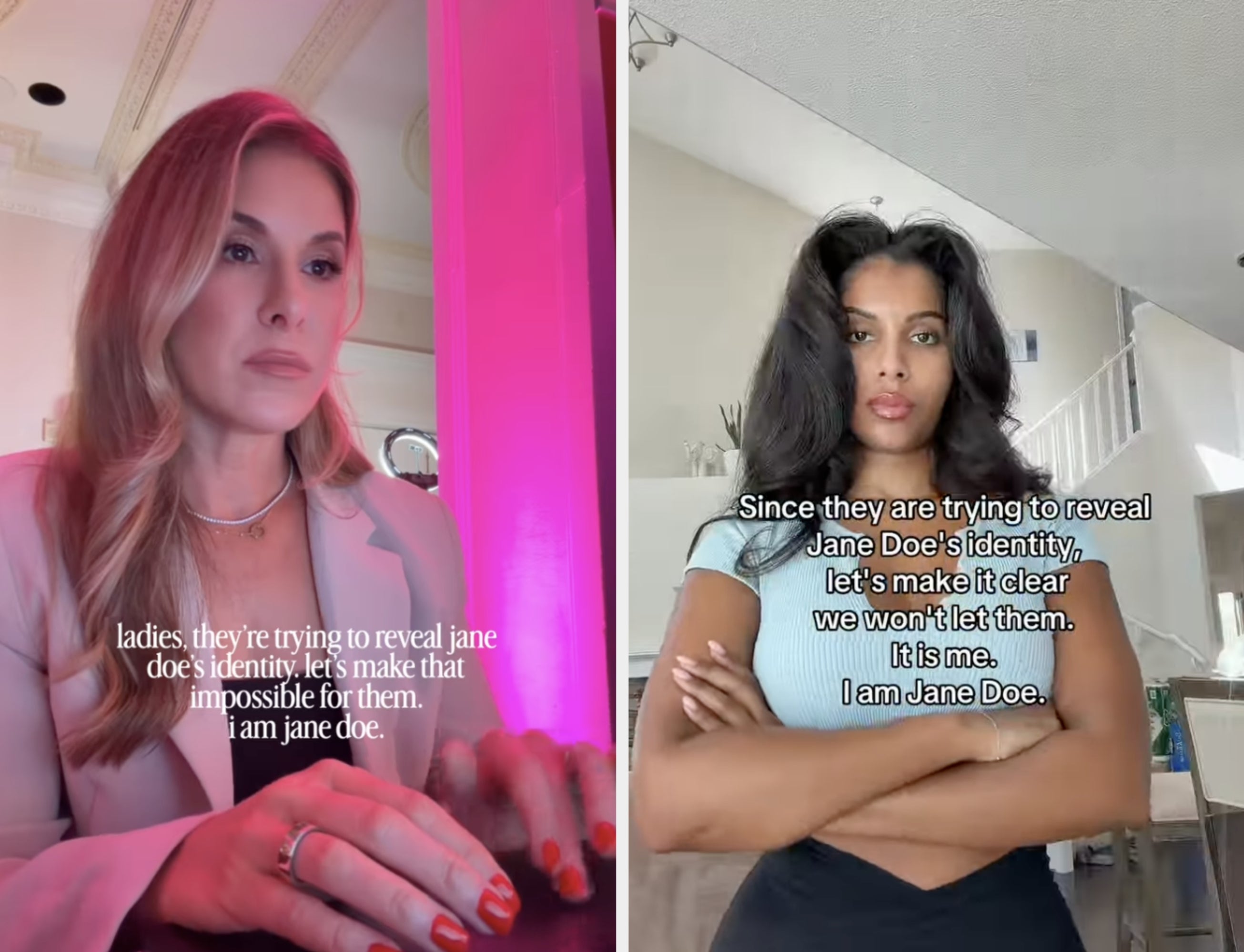En person med langt hår i en blazer sitter ved et skrivebord og fokuserer intenst. Tekst på bildet: «Damer, de prøver å avsløre Jane Does identitet. La oss gjøre det umulig for dem. Jeg er Jane Doe."