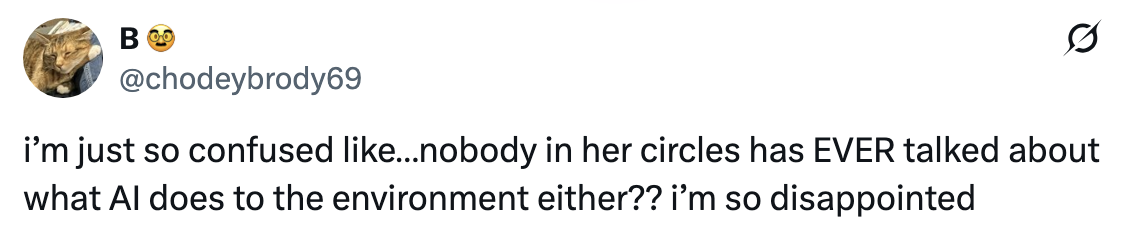 Tweet expressing confusion and disappointment about the lack of discussion on AI's environmental impact among a woman's acquaintances