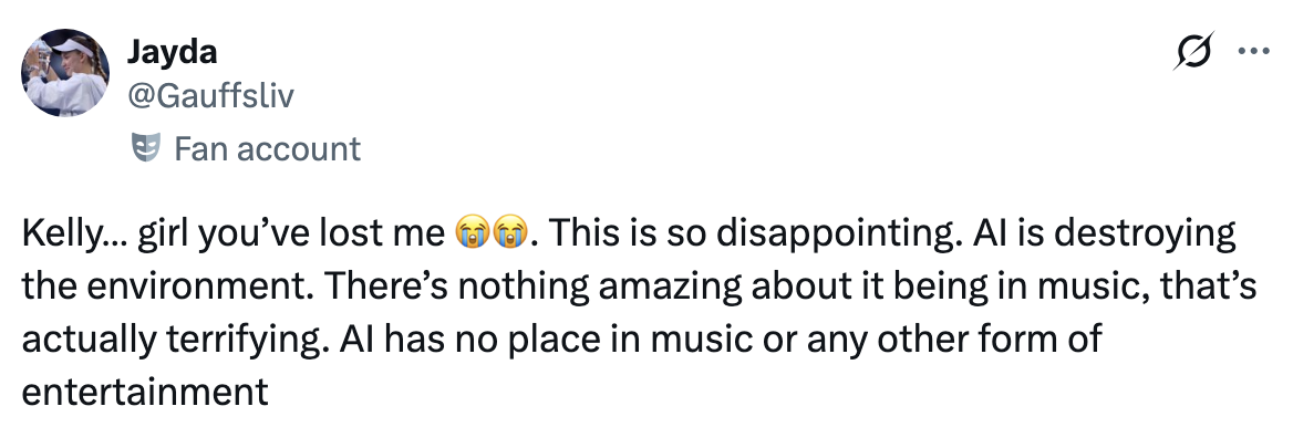 Tweet expresses disappointment in AI's impact on music and the environment, stating AI should not be in entertainment