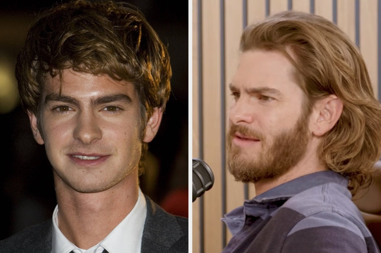 Two images side by side of the same person years apart: on the left, a young man in a suit, on the right, him with longer hair and beard in casual attire