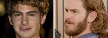 Two images side by side of the same person years apart: on the left, a young man in a suit, on the right, him with longer hair and beard in casual attire