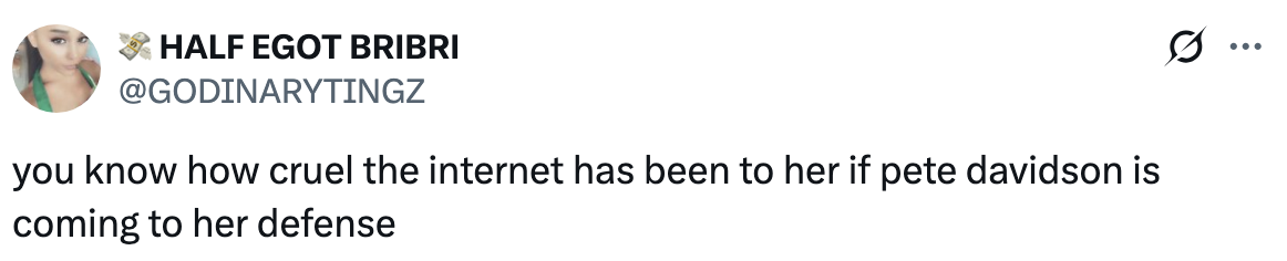 Tweet expressing that Pete Davidson's defense suggests the internet has been cruel to a person