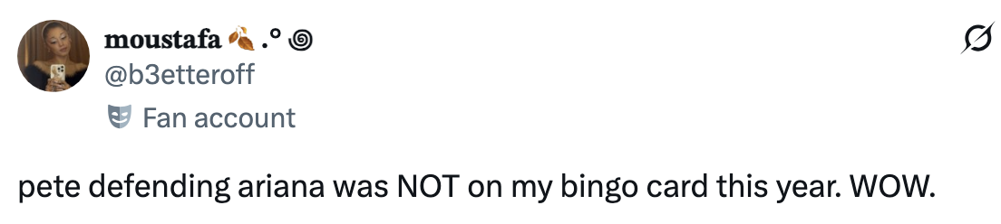 Tweet remarking on the unexpected news of Pete supporting Ariana, with surprise expressed