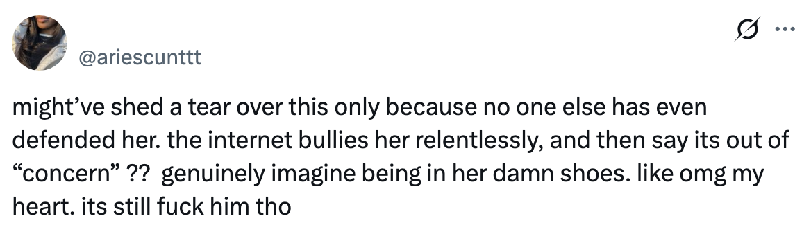Tweet discussing empathy for someone being bullied online and questioning the genuineness of concern shown by others
