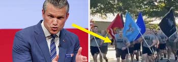 Person in a suit speaking on stage; image on right shows a group of people running with flags. Text below reads: "THIS IS A PARKING LOT IN ARLINGTON."