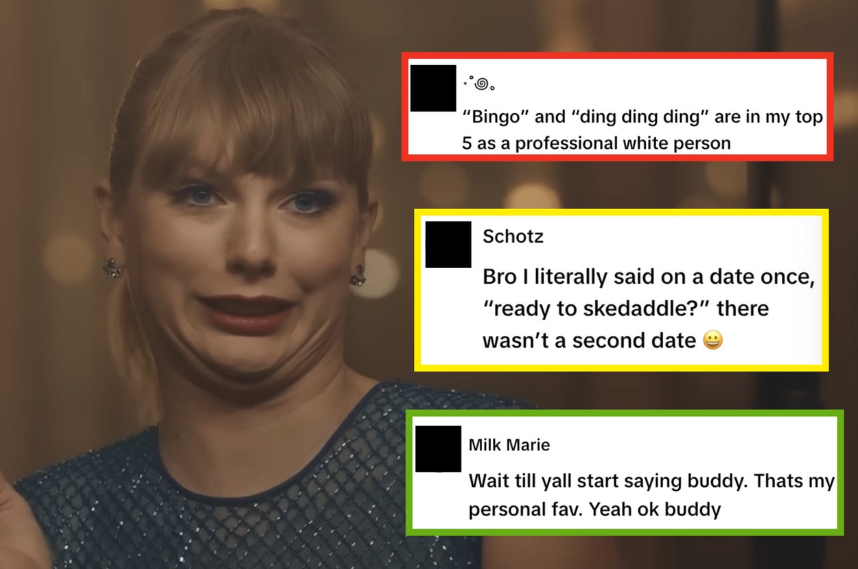 Person making a funny face with three social media comments about using phrases like "Bingo" and "skedaddle" humorously