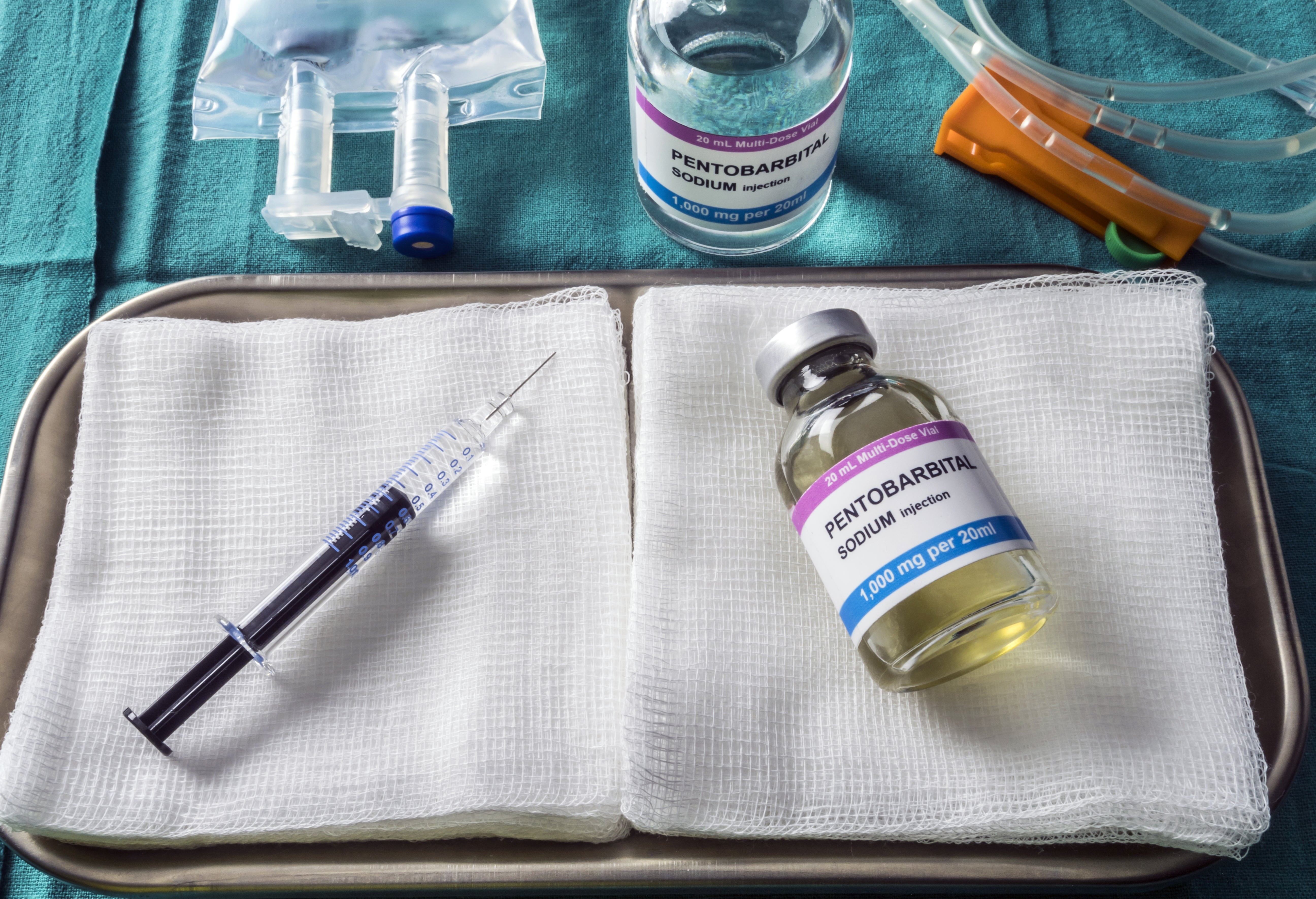Sprøyte og flasker med pentobarbital på et medisinsk brett, som indikerer forberedelse til en medisinsk prosedyre eller eutanasi