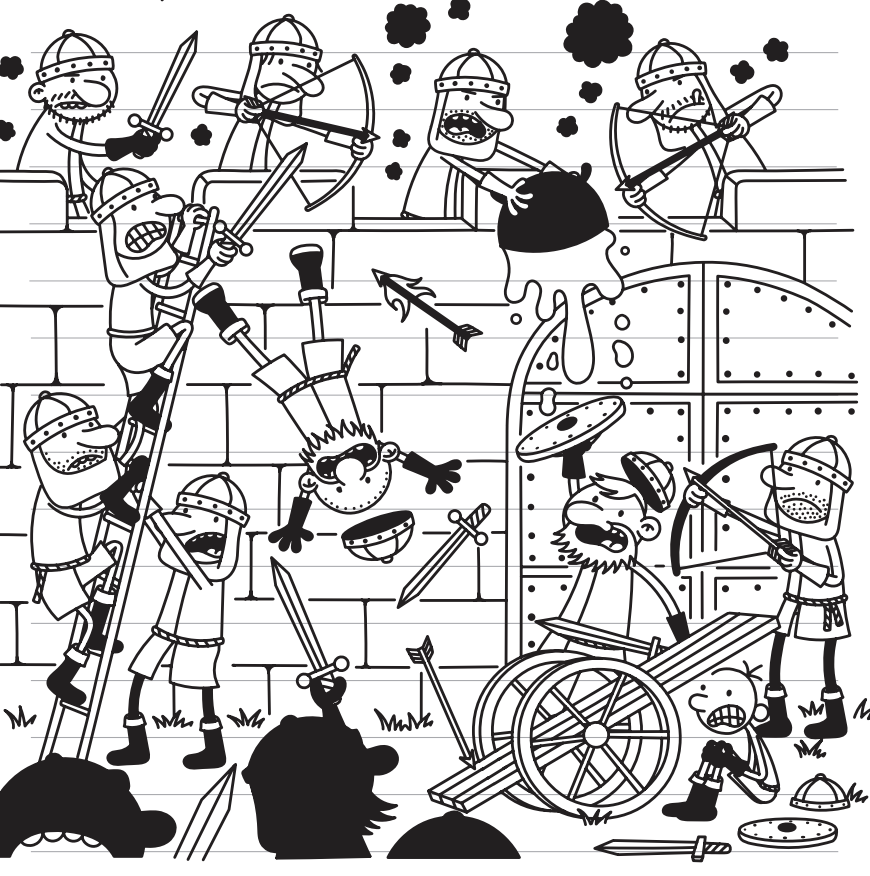 Cartoon knights attack a castle with ladders and catapults in a lively, humorous scene