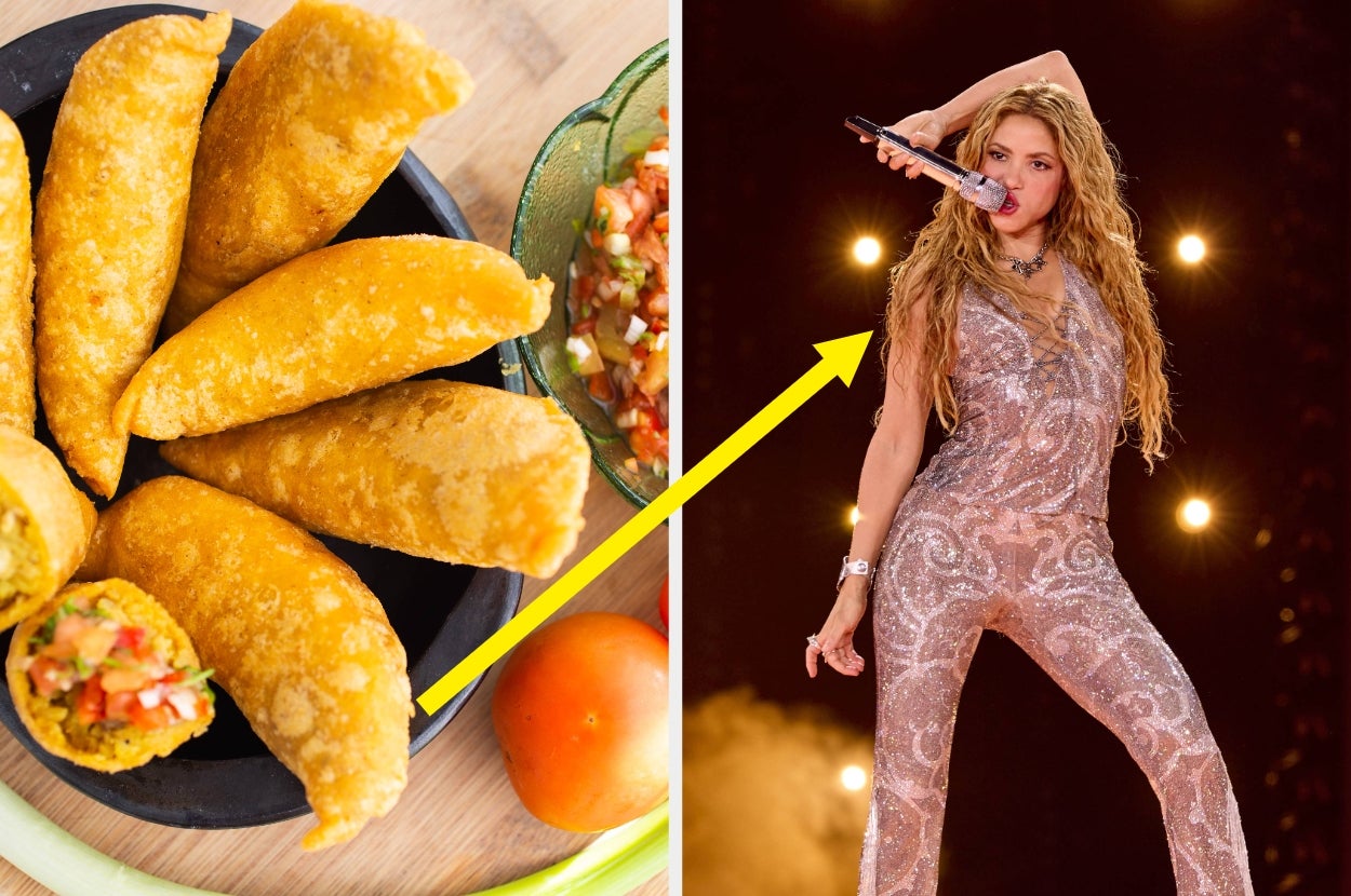 Shakira performs energetically in a glittering outfit on stage; empanadas with salsa are arranged on a plate