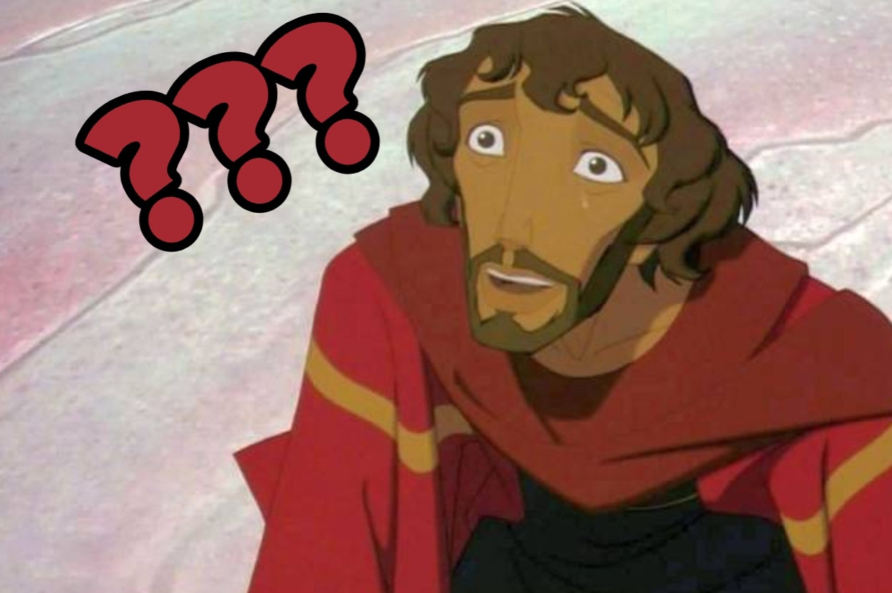 Animated character with a surprised expression, wearing a simple cloak, looking upwards with question marks in the air