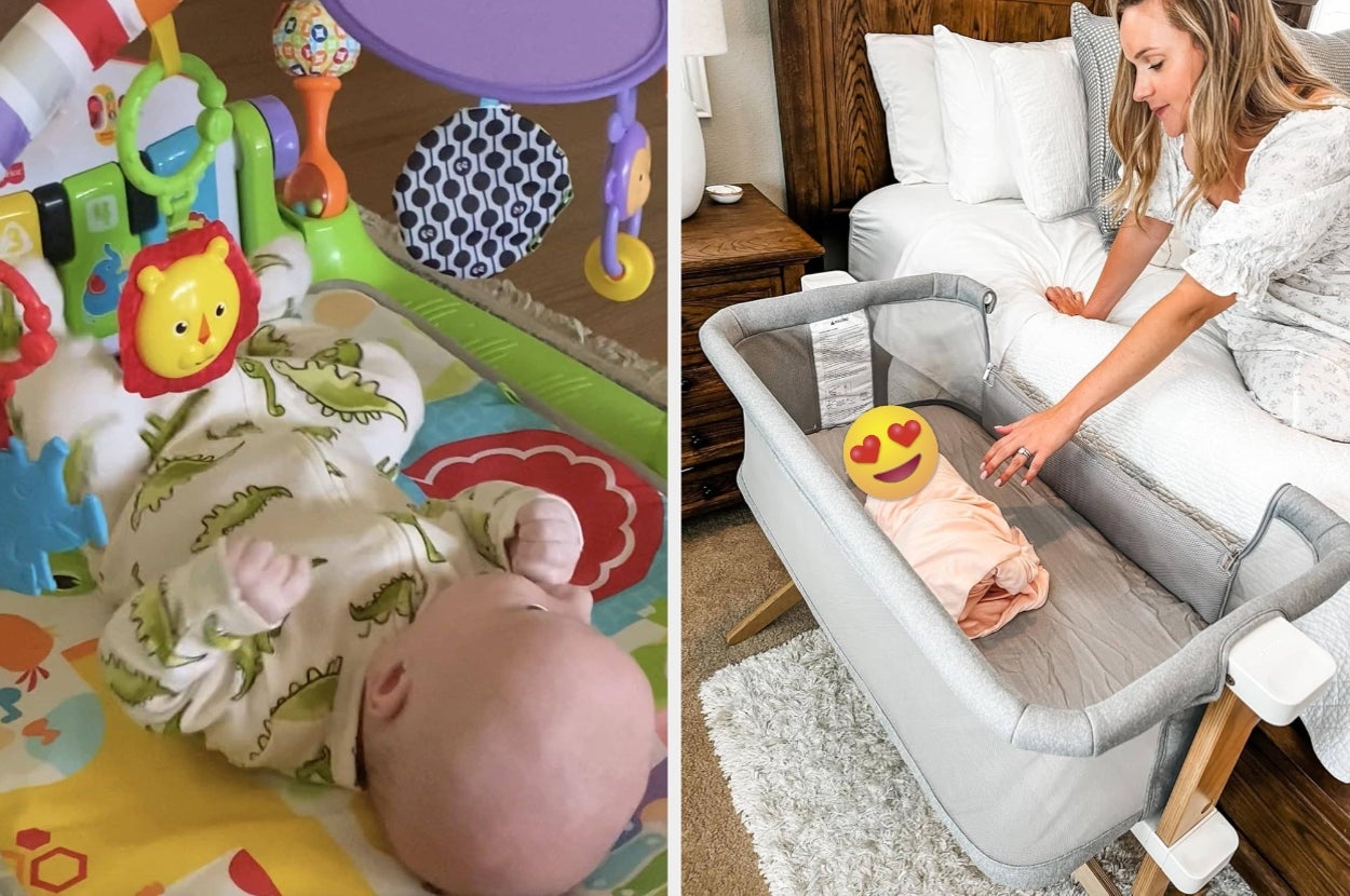 Two scenes: a baby playing on a colorful activity mat; a reviewer tending to a baby in a cradle beside a bed