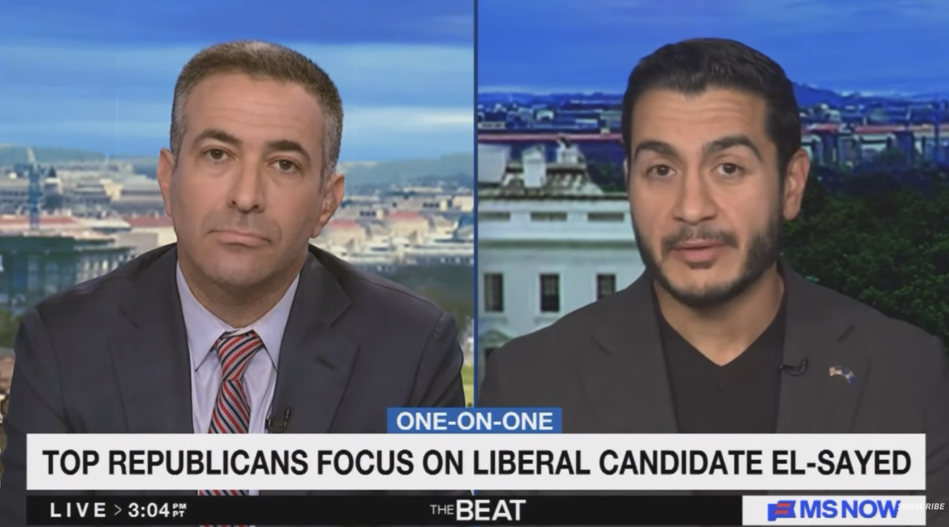 To menn på et nyhetsprogram som diskuterer republikanernes fokus på den liberale kandidaten El-Sayed. Skjermen viser "The Beat" på MSNBC