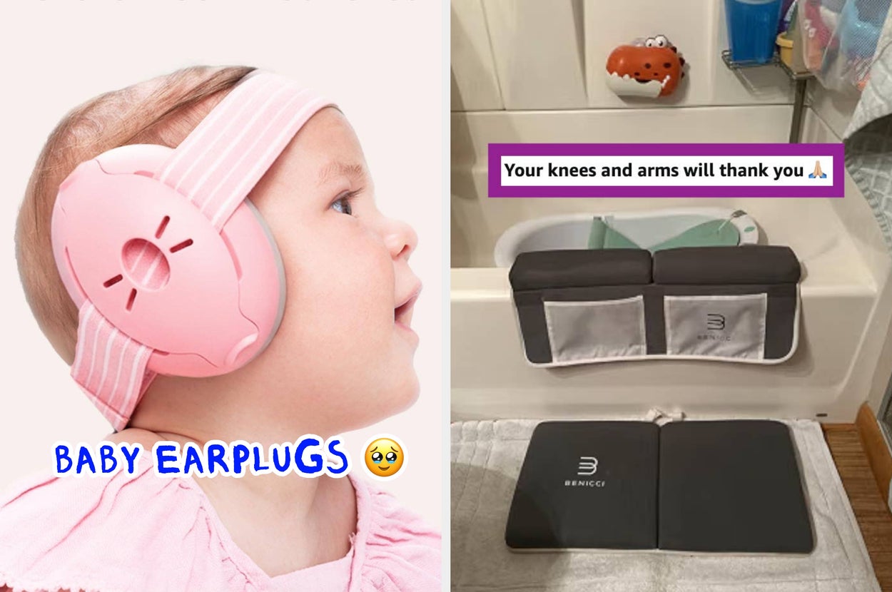 Baby wearing earmuffs on left; on right, a bathtub kneeling pad sits on a tub edge, labeled "Your knees and arms will thank you."