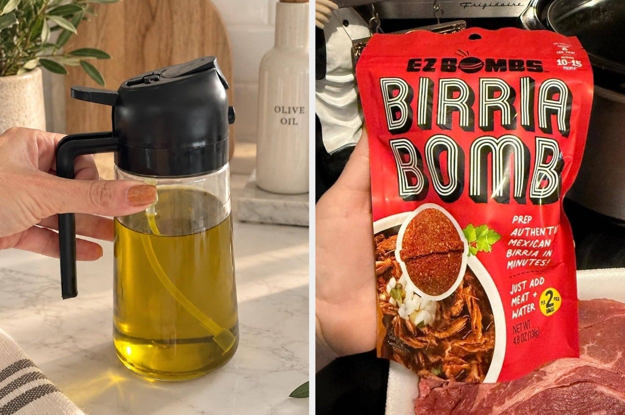 Glass oil dispenser and package of EZ Bombs Birria Bomb seasoning on a kitchen counter, promoting convenient cooking ingredients