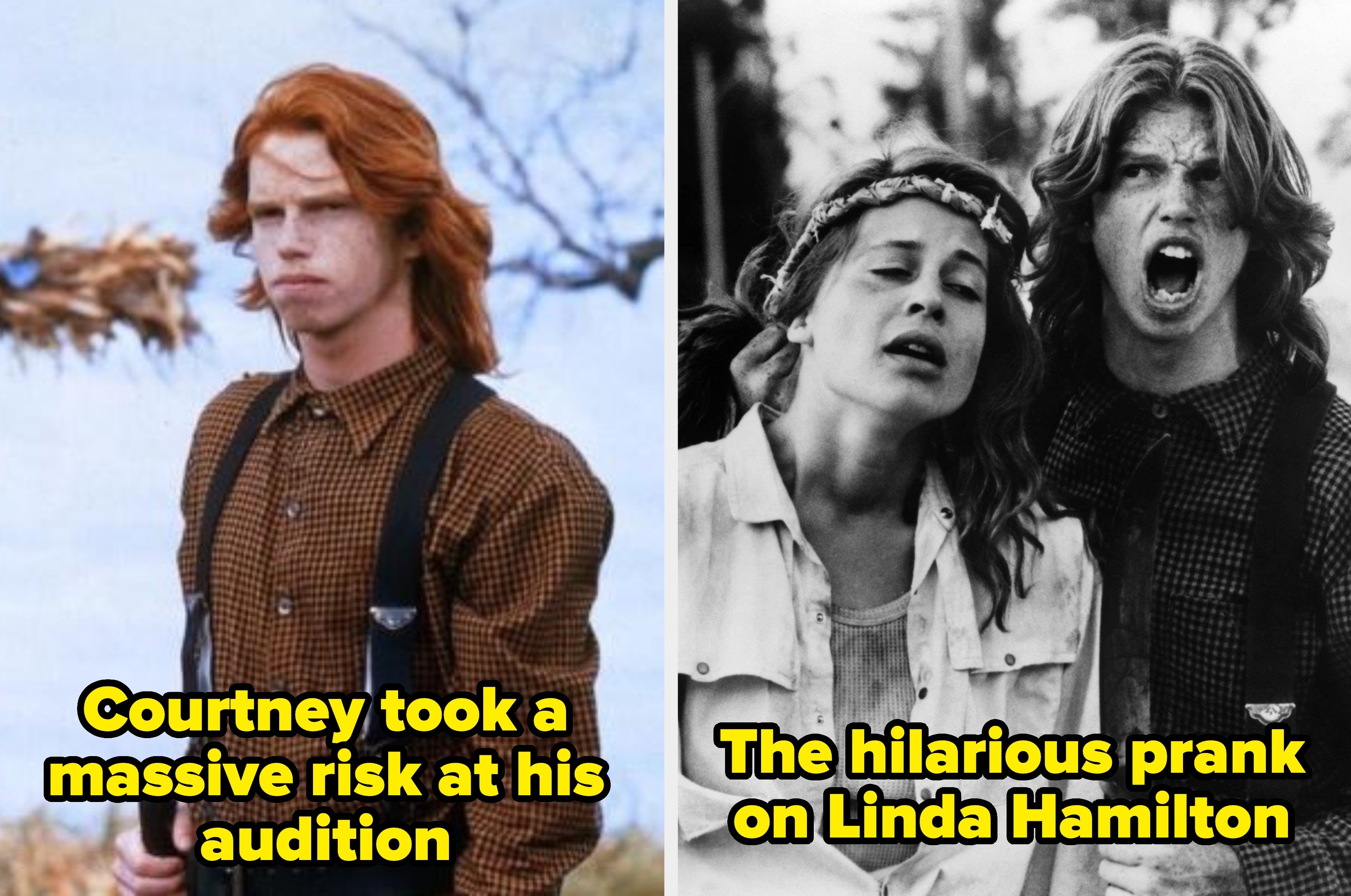 Two scenes from a vintage movie, featuring a man with long hair in rustic attire, in dramatic and expressive moments