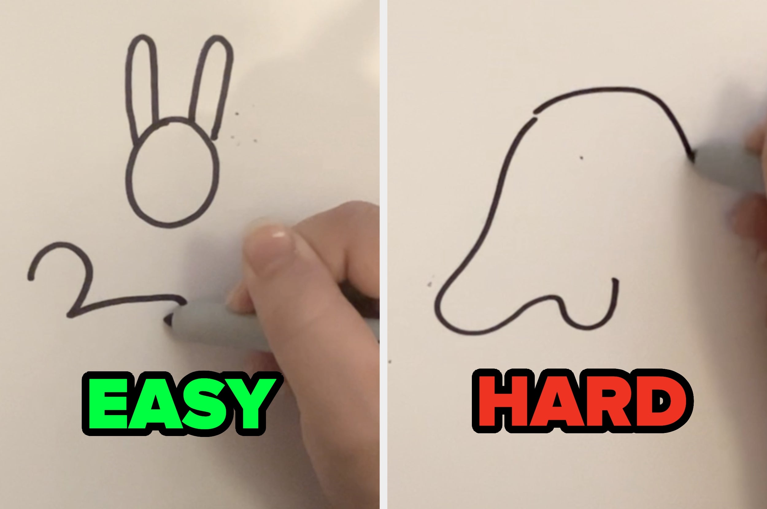 Split image: Left, simple bunny drawing labeled "Easy"; right, abstract face outline labeled "Hard." Person drawing on each side