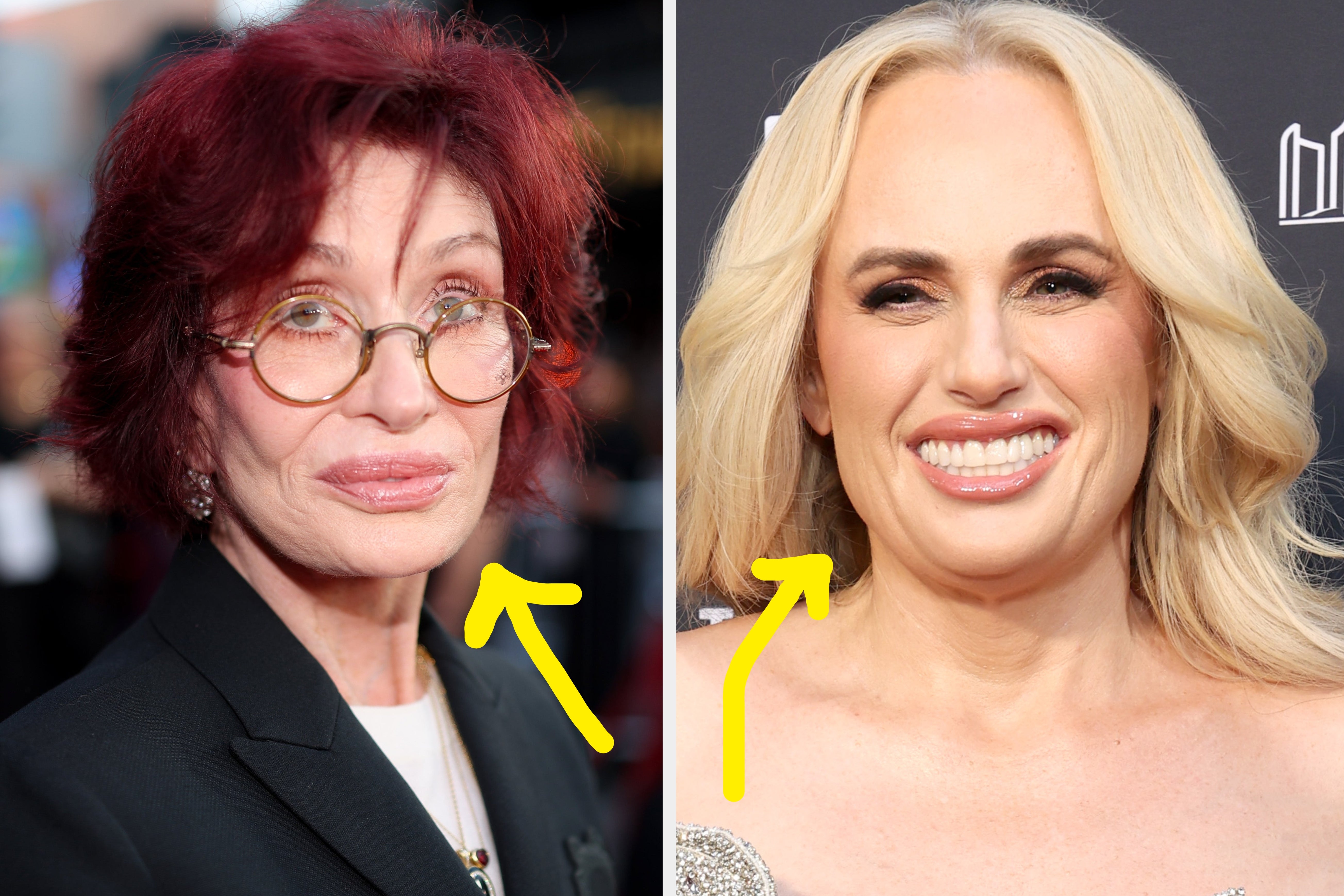 Person with red hair and glasses in a black suit on a red carpet, with people blurred in the background