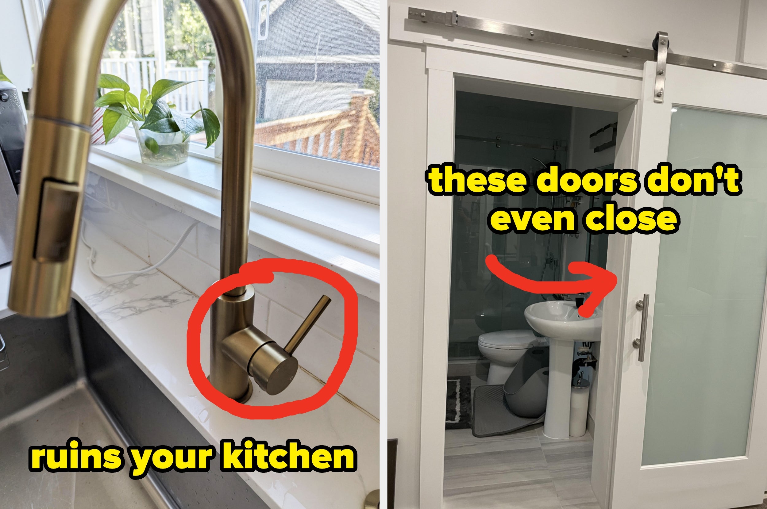 Image comparing a misaligned kitchen faucet handle and misfitting sliding bathroom doors, highlighting design flaws