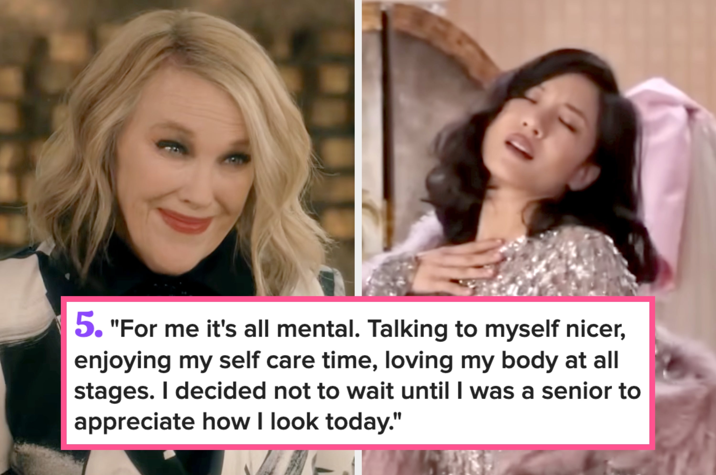Side-by-side of two women. Left: Woman smirking. Right: Woman in sequin dress posing. Caption: "Got rid of toxic people... I feel lighter now."
