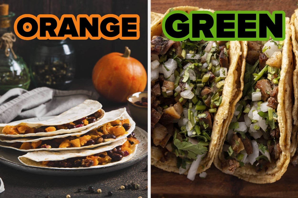 Two side-by-side images of tacos: left features orange-hued tacos, right showcases tacos with green garnishes, labeled "ORANGE" and "GREEN."