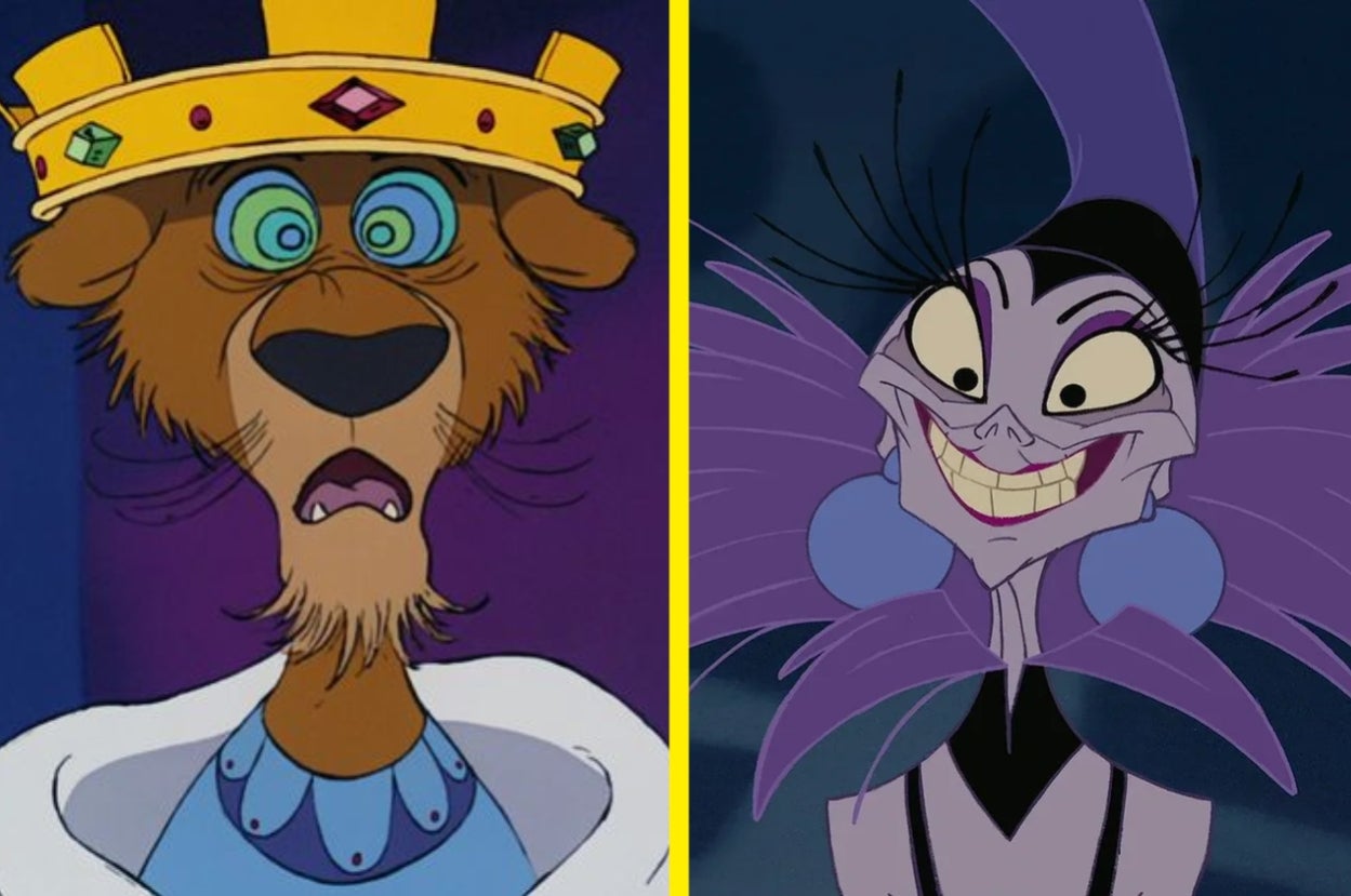 Animated characters: Prince John from "Robin Hood" with a crown, and Yzma from "The Emperor's New Groove" with a wicked grin