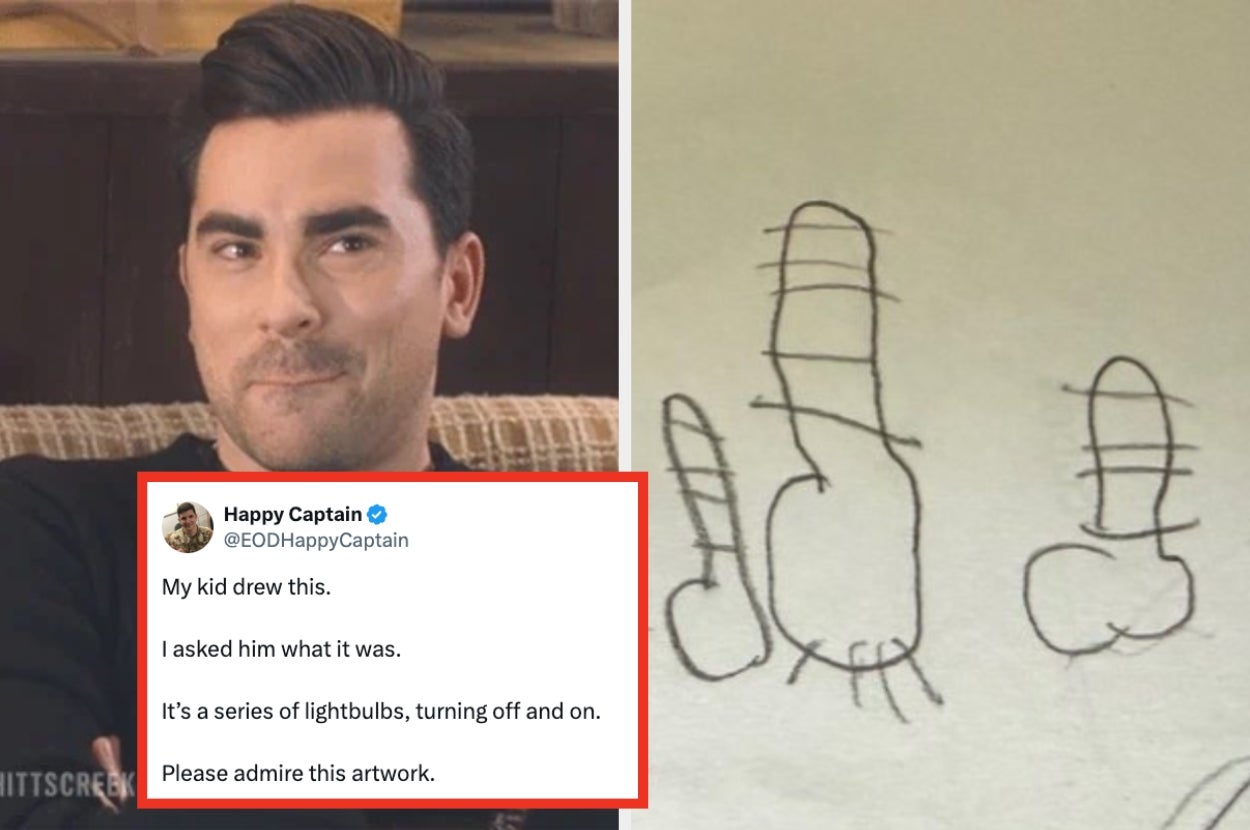 Man smirking beside a child's drawing of lightbulbs, accompanied by a humorous tweet from parent appreciating the kid's "artwork."