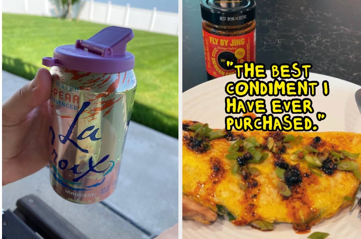 Hand holding a sparkling water can with a lid on the left; omelette topped with Fly By Jing chili crisp on the right