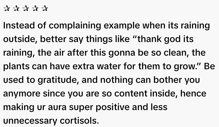 Text excerpt about gratitude, advising positive reactions to rain for a better aura and reduced cortisol levels