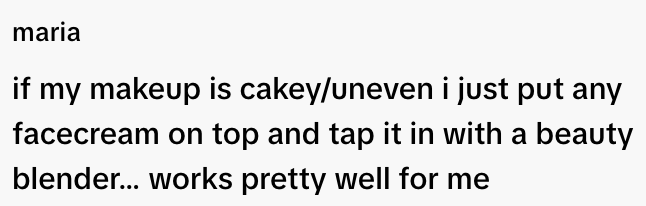 Tip suggesting to fix cakey makeup by tapping face cream with a beauty blender