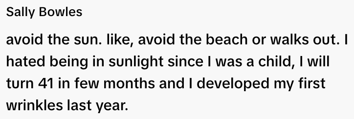 Text about avoiding sunlight and first wrinkles at age 41