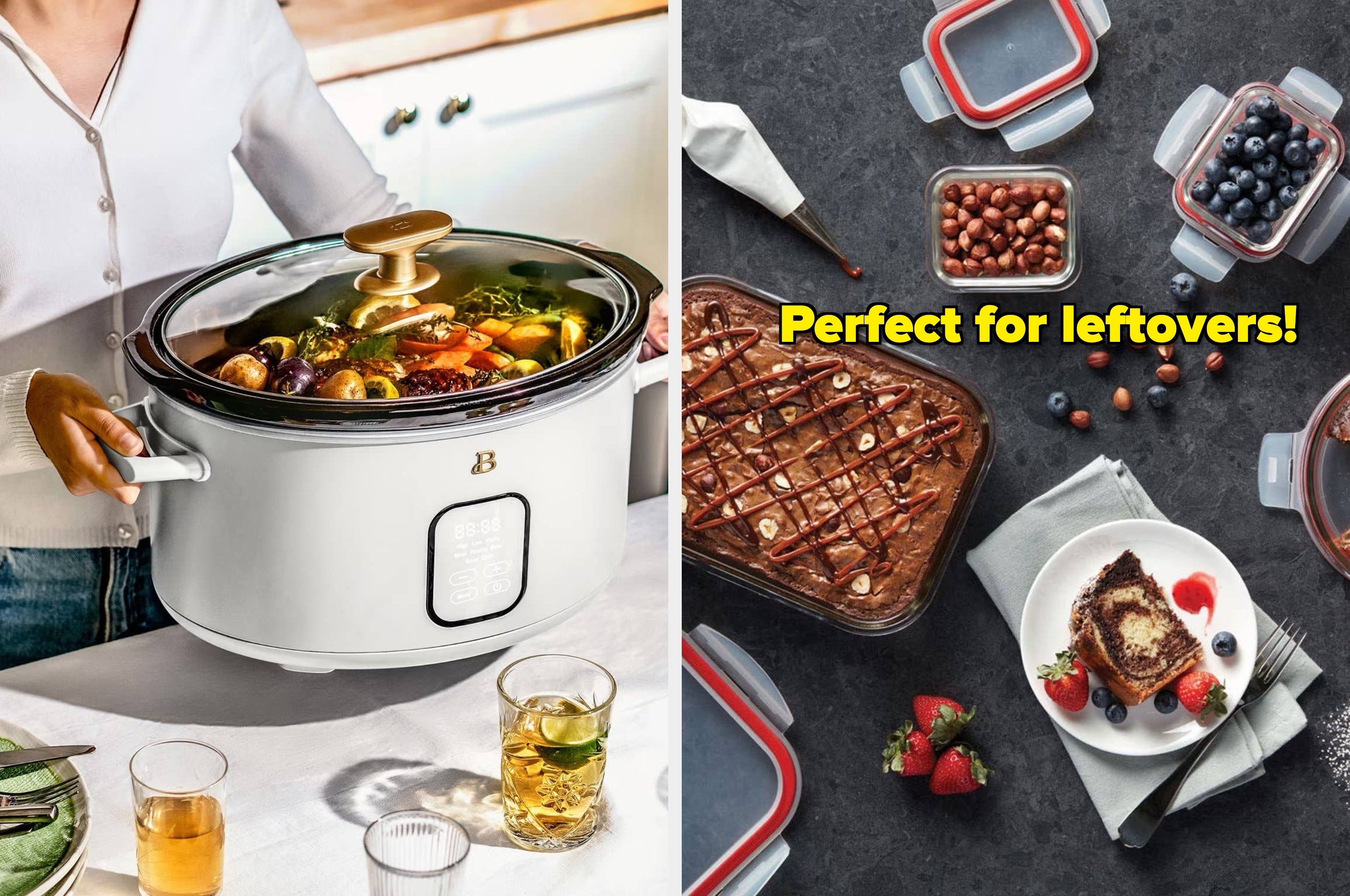 Slow cooker with vegetables on left, raw seasoned roast in a glass dish on right. Text: "Perfect for leftovers!"