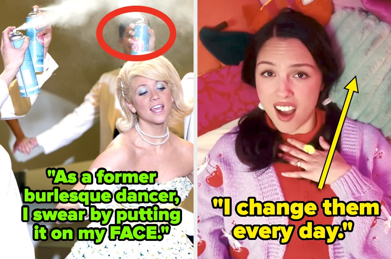 Two images: a person in glamorous fashion with hairspray, captioned advice from a former dancer; another person discusses daily changes in routine