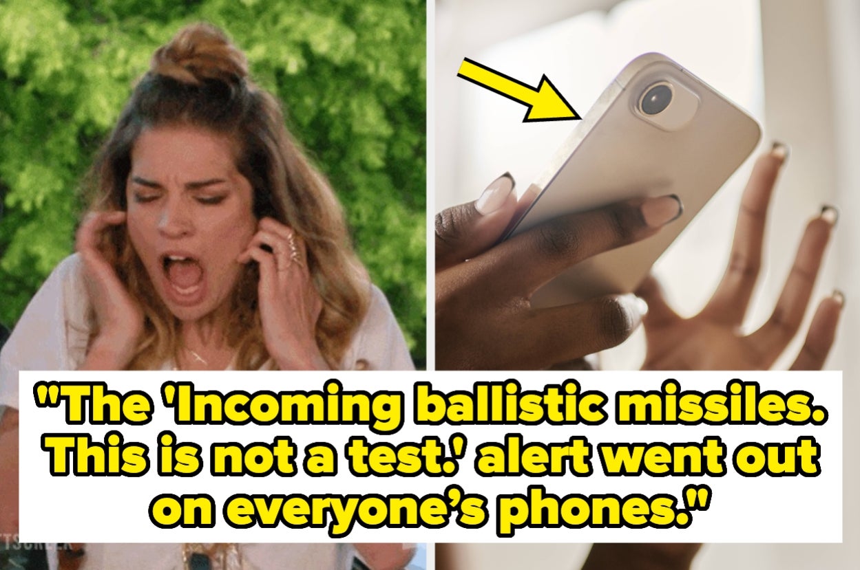 Left: Annie Murphy covers her ears in shock. Rught: A woman's hands hold a smartphone. Text: "The 'incoming ballistic missiles. This is not a test.' alert went out on everyone's phones."