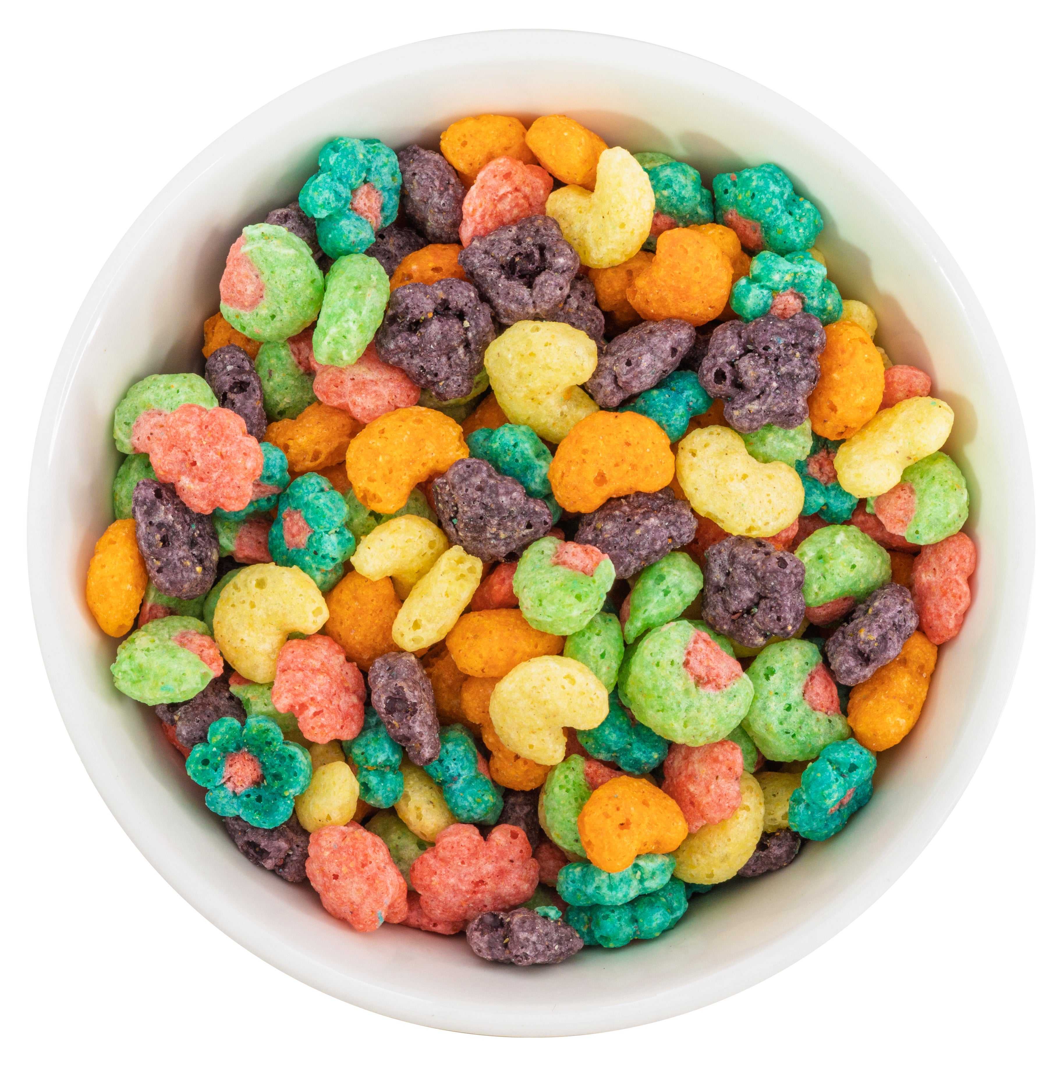 A bowl of multi-colored cereal pieces