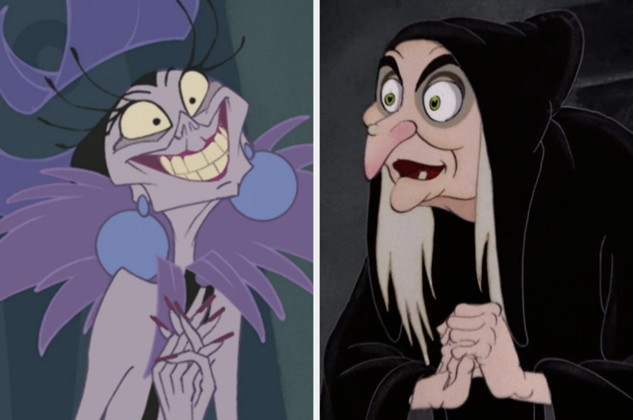 Split image of Yzma and the Evil Queen as an old witch