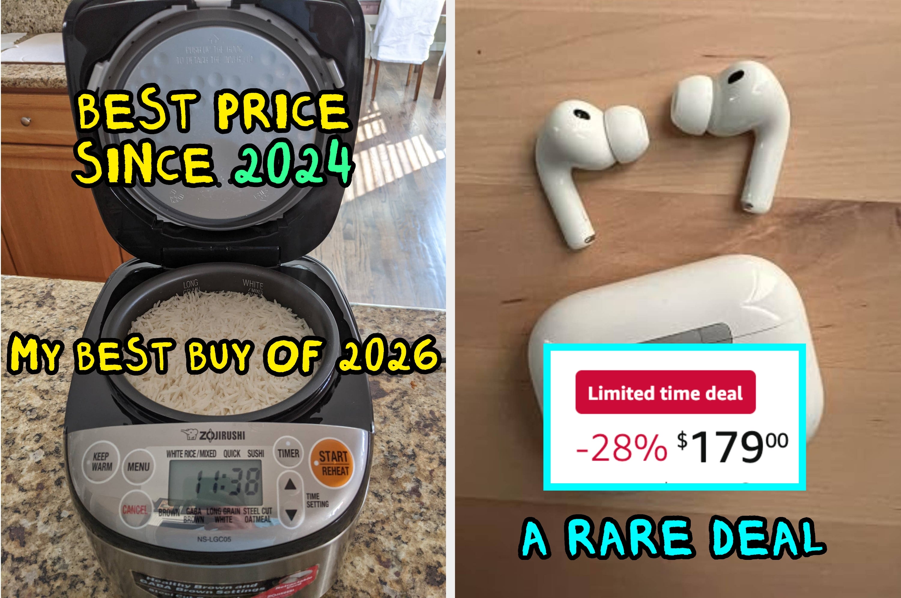 A rice cooker with text "Best price since 2024, My best buy of 2026" and wireless earbuds with "A rare deal" suggestive of optimal purchases