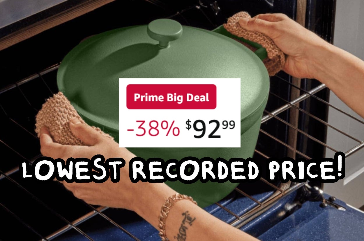 Person placing a lidded pot in oven; text overlay highlights a "Prime Big Deal" with 38% off, bringing the price to $92.99, noted as lowest recorded price