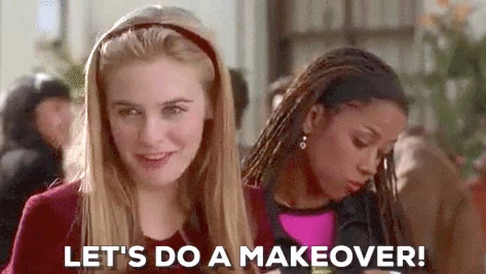 Two women stand together; one looks forward smiling with the text "Let's do a makeover!" overlaid. The scene suggests excitement about beauty