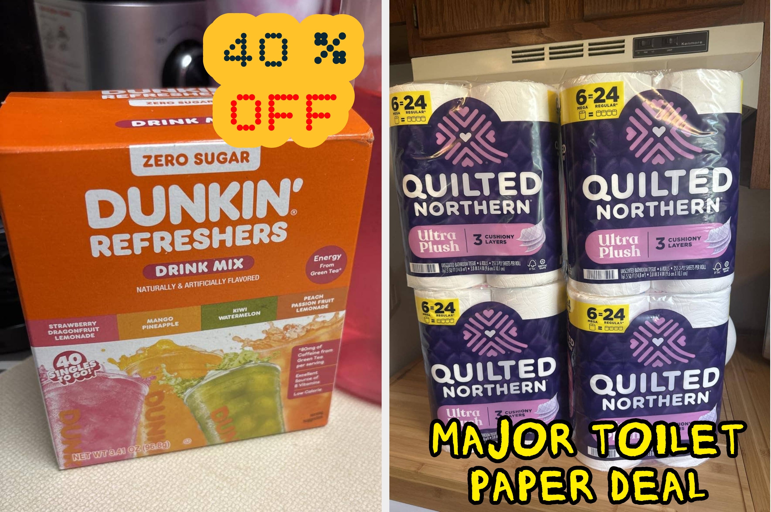 Drink mix with 40% off and discount on Quilted Northern toilet paper. Shopping deals highlighted