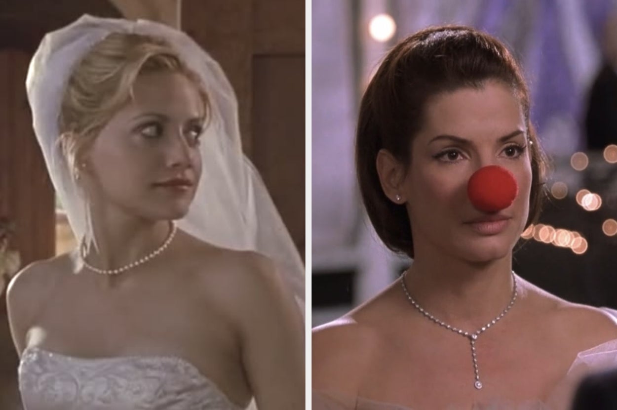 Two characters from movies: one in a wedding dress and veil, the other with a red clown nose, both wearing pearl necklaces