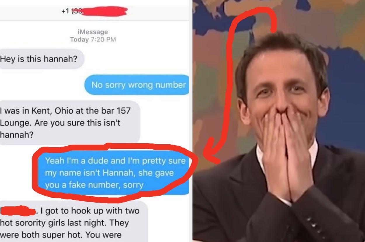 Screenshot of a text conversation about a mistaken number, alongside a person laughing with hands over mouth