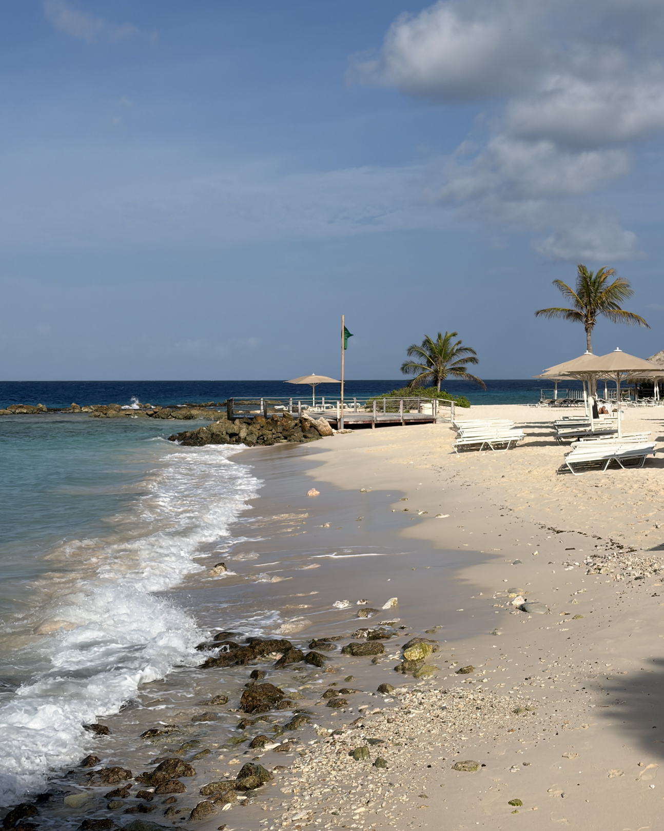 Sunny formation with calm waves, bare lounge chairs, umbrellas, and a mates of thenar trees nether a partially cloudy sky