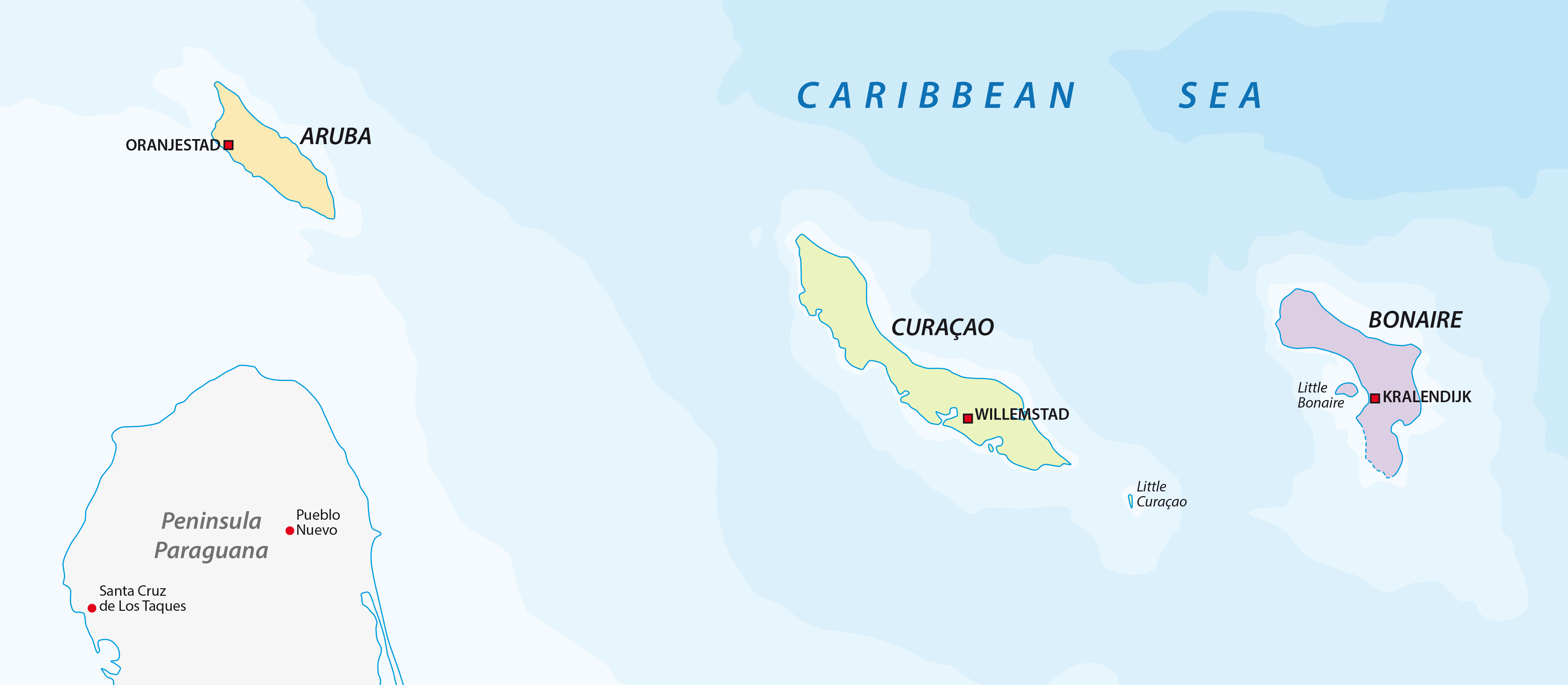 Aruba, Curaçao, and Bonaire successful the Caribbean Sea, adjacent the seashore of Venezuela